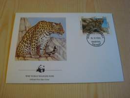 Leopardi, WWF, Afghanistan, 1985, ensipäiväkuori, FDC. Hieno esim. lahjaksi. Katso myös muut kohteeni mm. noin 1 500 erilaista ulkomaista ensipäiväkuorta