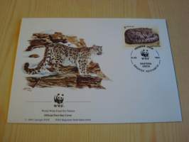 Lumileopardi, WWF, Kazakstan, 1994, ensipäiväkuori, FDC. Hieno esim. lahjaksi. Katso myös muut kohteeni mm. noin 1 500 erilaista ulkomaista ensipäiväkuorta