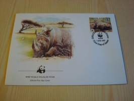 Sarvikuono, WWF, Swaziland, 1987, ensipäiväkuori, FDC. Hieno esim. lahjaksi. Katso myös muut kohteeni mm. noin 1 500 erilaista ulkomaista ensipäiväkuorta