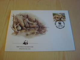 Sarvikuono, WWF, Swaziland, 1987, ensipäiväkuori, FDC. Hieno esim. lahjaksi. Katso myös muut kohteeni mm. noin 1 500 erilaista ulkomaista ensipäiväkuorta