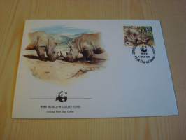 Sarvikuono, WWF, Swaziland, 1987, ensipäiväkuori, FDC. Hieno esim. lahjaksi. Katso myös muut kohteeni mm. noin 1 500 erilaista ulkomaista ensipäiväkuorta