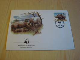 Sarvikuono, WWF, Swaziland, 1987, ensipäiväkuori, FDC. Hieno esim. lahjaksi. Katso myös muut kohteeni mm. noin 1 500 erilaista ulkomaista ensipäiväkuorta