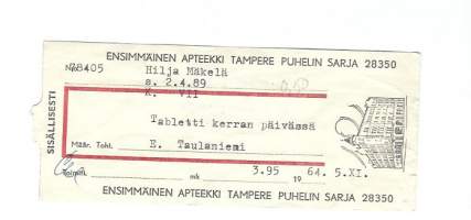 Ensimmäinen Apteekki Tampere, resepti  signatuuri  1964