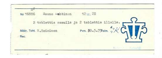 Kokemäen Apteekki Kokemäki, resepti  signatuuri  1973