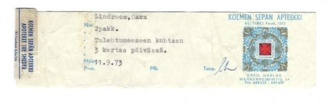 Kolmen Sepän   Apteekki Helsinki   , resepti  signatuuri  1973