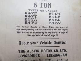 Austin Commercial Vehicles - List of Spare Parts for 5 Ton K4-VF, K4-VT, K4-VA, K4-VU, K4-DA, K4-LV, K4-SL, K4-SV -varaosaluettelo