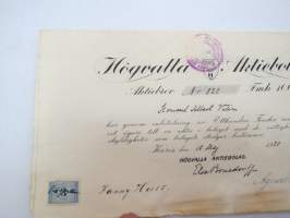 Högvalla Aktiebolaget, Karis, Karjaa 1920, Aktiebrev nr 820 Fmk 100, Konsul Albert Vilén -osakekirja / share certificate