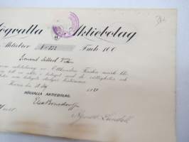 Högvalla Aktiebolaget, Karis, Karjaa 1920, Aktiebrev nr 822 Fmk 100, Konsul Albert Vilén -osakekirja / share certificate