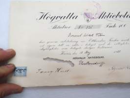 Högvalla Aktiebolaget, Karis, Karjaa 1920, Aktiebrev nr 825 Fmk 100, Konsul Albert Vilén -osakekirja / share certificate