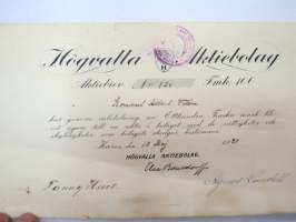 Högvalla Aktiebolaget, Karis, Karjaa 1920, Aktiebrev nr 824 Fmk 100, Konsul Albert Vilén -osakekirja / share certificate