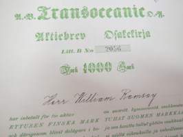 Ab Transoceanic Oy, Aktiebrev - Osakekirja, Litt. B nr 2056, Fmk 1 000 Smk, Herr William Ramsay, Åbo 31.12.1918 -osakekirja / share certificate