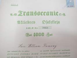 Ab Transoceanic Oy, Aktiebrev - Osakekirja, Litt. B nr 2060, Fmk 1 000 Smk, Herr William Ramsay, Åbo 31.12.1918 -osakekirja / share certificate