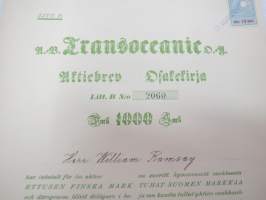 Ab Transoceanic Oy, Aktiebrev - Osakekirja, Litt. B nr 2060, Fmk 1 000 Smk, Herr William Ramsay, Åbo 31.12.1918 -osakekirja / share certificate
