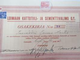 Loimaan Kattotiili- ja Sementtivalimo Oy, Loimaa 1936, 500 mk, Tauno Hartio, nr 58 -osakekirja / share certificate