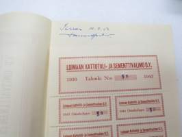 Loimaan Kattotiili- ja Sementtivalimo Oy, Loimaa 1936, 500 mk, Tauno Hartio, nr 58 -osakekirja / share certificate