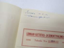 Loimaan Kattotiili- ja Sementtivalimo Oy, Loimaa 1936, 500 mk, Tauno Hartio, nr 58 -osakekirja / share certificate