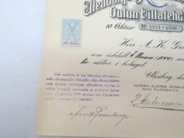 Oulun Villatehdas Oy - Uleåborgs Yllefabrik Ab, Oulu, 21.12.1918, 10 aktier nr 1241-1250 á Fmk 100, Herr A.K. Grotenfelt -osakekirja / share certificate