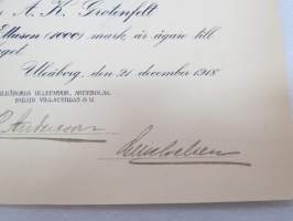 Oulun Villatehdas Oy - Uleåborgs Yllefabrik Ab, Oulu, 21.12.1918, 10 aktier nr 1241-1250 á Fmk 100, Herr A.K. Grotenfelt -osakekirja / share certificate