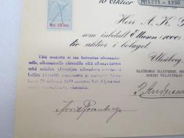 Oulun Villatehdas Oy - Uleåborgs Yllefabrik Ab, Oulu, 21.12.1918, 10 aktier nr 1221-1230 á Fmk 100, Herr A.K. Grotenfelt -osakekirja / share certificate