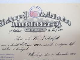 Oulun Villatehdas Oy - Uleåborgs Yllefabrik Ab, Oulu, 21.12.1918, 10 aktier nr 1541-1550 á Fmk 100, Herr A.K. Grotenfelt -osakekirja / share certificate