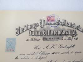 Oulun Villatehdas Oy - Uleåborgs Yllefabrik Ab, Oulu, 21.12.1918, 10 aktier nr 1201-1210 á Fmk 100, Herr A.K. Grotenfelt -osakekirja / share certificate