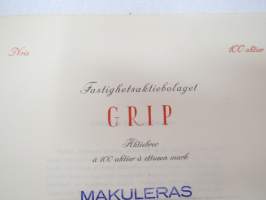 Fastighetsaktiebolaget Grip, Aktiebrev á 100 aktier á ettusen mark, 100 000 mk, Helsingfors -osakekirja / share certificate