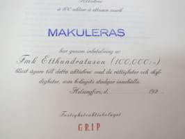 Fastighetsaktiebolaget Grip, Aktiebrev á 100 aktier á ettusen mark, 100 000 mk, Helsingfors -osakekirja / share certificate