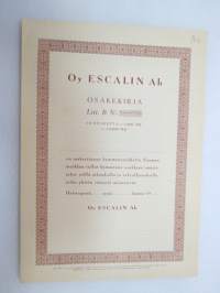 Oy Escalin Ab, 10 osaketta á 1 000 mk = 10 000 mk, Litt. B, Helsinki -osakekirja / share certificate