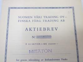 Suomen Väri Trading Oy - Finska Färg Trading Ab, Helsinki 1955, Aktiebrev á 10 aktier á mk 10 000 -osakekirja / share certificate