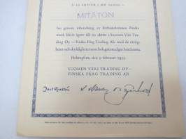 Suomen Väri Trading Oy - Finska Färg Trading Ab, Helsinki 1955, Aktiebrev á 10 aktier á mk 10 000 -osakekirja / share certificate
