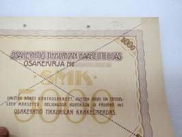 Oy Tikkurilan Kaakelitehdas, Helsinki, 1917, 5 000 mk -osakekirja / share certificate