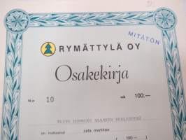 Oy Rymättylä Ab, Naantali 1983, 100 mk, osake nr 10 Toivo Saarnin kuolinpesä -osakekirja / share certificate