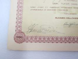 Suomen Kellokeskus Oy, Tampere 1926, 1 osake 1 000 mk, osake nr 76, Jalo Perkko -osakekirja / share certificate