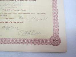 Suomen Kellokeskus Oy, Tampere 1926, 1 osake 1 000 mk, osake nr 76, Jalo Perkko -osakekirja / share certificate