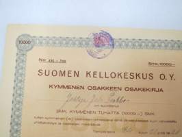 Suomen Kellokeskus Oy, Tampere 1926, 10 osaketta 10 000 mk, osakkeet nr 291-300, Jalo Perkko -osakekirja / share certificate