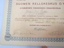 Suomen Kellokeskus Oy, Tampere 1926, 10 osaketta 10 000 mk, osakkeet nr 291-300, Jalo Perkko -osakekirja / share certificate