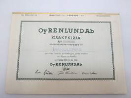 Oy Renlund Ab, Helsinki 1952, 1 000 osaketta = 1 000 000 mk -osakekirja / share certificate