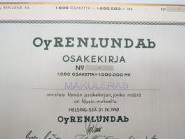 Oy Renlund Ab, Helsinki 1952, 1 000 osaketta = 1 000 000 mk -osakekirja / share certificate