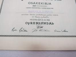 Oy Renlund Ab, Helsinki 1952, 1 000 osaketta = 1 000 000 mk -osakekirja / share certificate