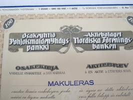 Pohjoismaiden Yhdyspankki - Nordiska Föreningsbanken, 1 osake á 100 mk en aktie -osakekirja / share certificate