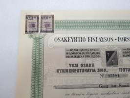 Finlayson &amp; Co Oy (Oy Finlayson-Forssa Ab), Tampere 1927, 1 osake 10 000 mk en aktie, nr 15181, Georg von Rauch -osakekirja -share certificate