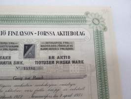 Finlayson &amp; Co Oy (Oy Finlayson-Forssa Ab), Tampere 1927, 1 osake 10 000 mk en aktie, nr 15181, Georg von Rauch -osakekirja -share certificate