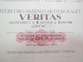 Återförsäkringsaktiebolaget Veritas, Åbo 1941, 5aktier á 500 mk, 2 500 mk, Litt. C -osakekirja / share certificate