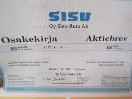 Oy Sisu-Auto Ab, Helsinki, 100 osaketta á 10 mk, Litt. C, 15.1.1988 -osakekirja - SPECIMEN - share certificate
