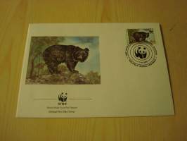 Karhu, WWF, Pakistan, 1989, ensipäiväkuori, FDC. Hieno esim. lahjaksi. Katso myös muut kohteeni mm. noin 1 500 erilaista ulkomaista ensipäiväkuorta