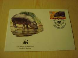 Virtahepo, WWF, Liberia, 1984, ensipäiväkuori, FDC. Hieno esim. lahjaksi. Katso myös muut kohteeni mm. noin 1 500 erilaista ulkomaista ensipäiväkuorta