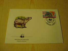 Virtahepo, WWF, Liberia, 1984, ensipäiväkuori, FDC. Hieno esim. lahjaksi. Katso myös muut kohteeni mm. noin 1 500 erilaista ulkomaista ensipäiväkuorta