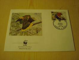 Papukaija, lintu, WWF, St. Vincent, 1989, ensipäiväkuori, FDC. Hieno esim. lahjaksi. Katso myös muut kohteeni mm. noin 1 500 erilaista ulkomaista