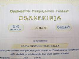 Haapajärven Tehtaat Oy, Haapajärvi, Sarja A - 100 markkaa, osakekirja nr 94, allekirjoitettu, mutta päiväämättä ja nimeämättä jätetty -share certificate