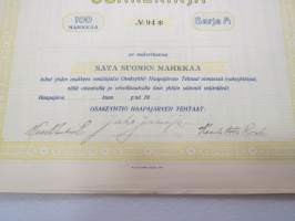 Haapajärven Tehtaat Oy, Haapajärvi, Sarja A - 100 markkaa, osakekirja nr 94, allekirjoitettu, mutta päiväämättä ja nimeämättä jätetty -share certificate